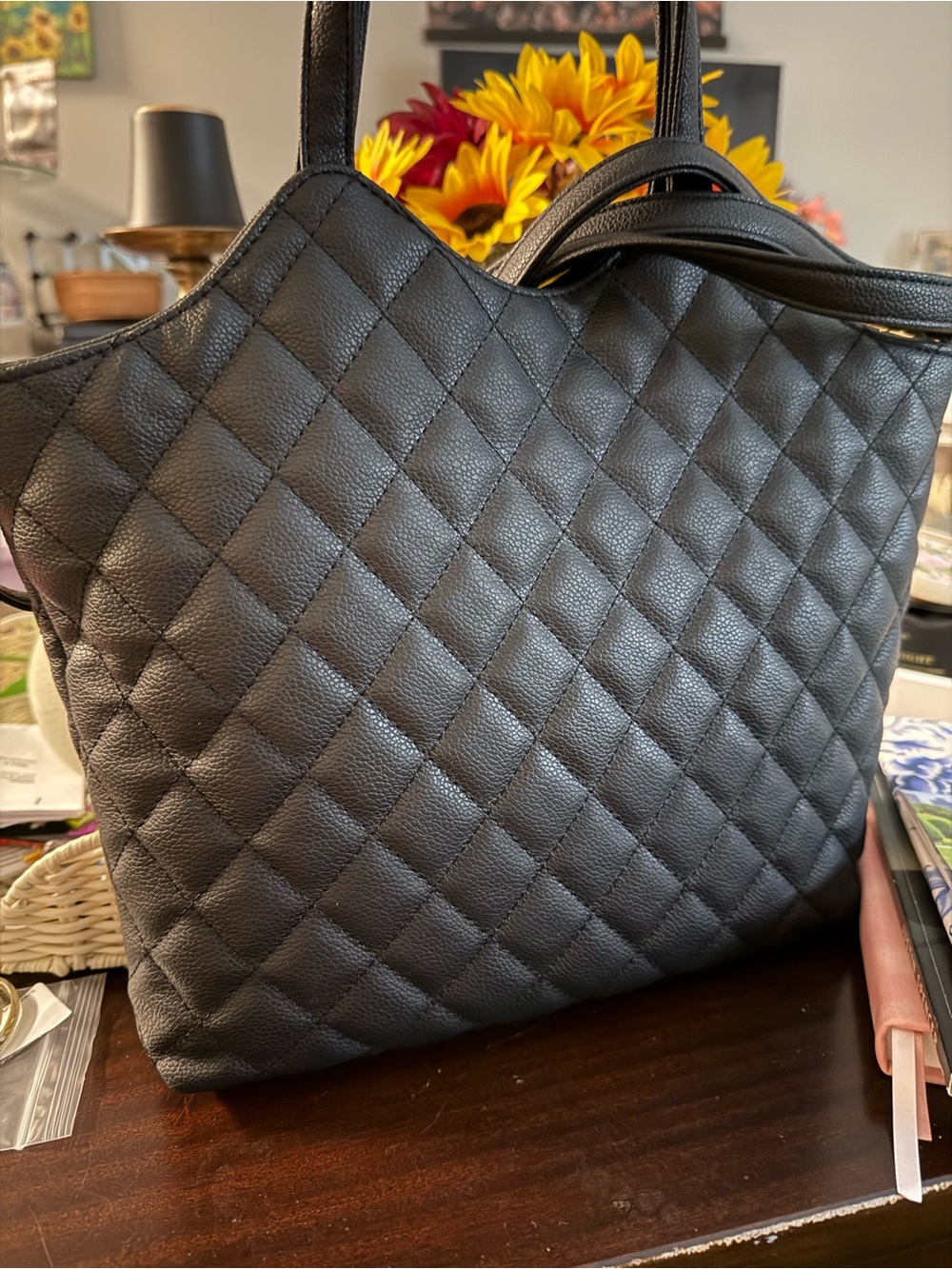 Quilted Black Leather Tote with Detachable Strap - Picture 5 of 7
